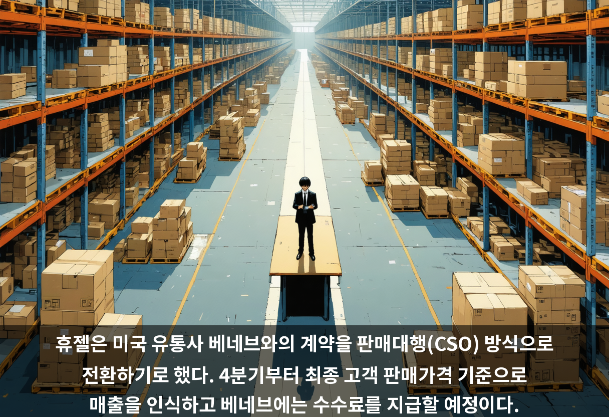 휴젤은 미국 유통사 베네브와의 계약을 판매대행(CSO) 방식으로 전환하기로 했다. 4분기부터 최종 고객 판매가격 기준으로 매출을 인식하고 베네브에는 수수료를 지급할 예정이다.