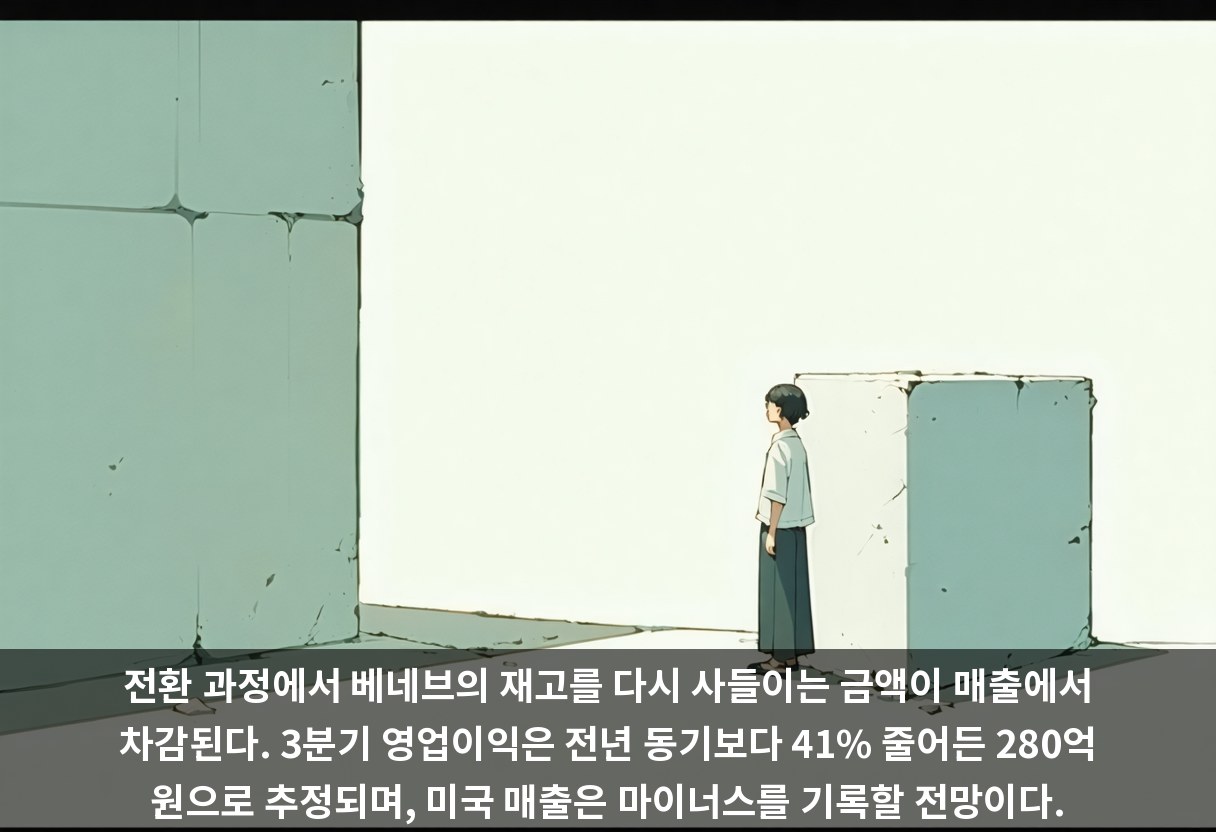 전환 과정에서 베네브의 재고를 다시 사들이는 금액이 매출에서 차감된다. 3분기 영업이익은 전년 동기보다 41% 줄어든 280억 원으로 추정되며, 미국 매출은 마이너스를 기록할 전망이다.
