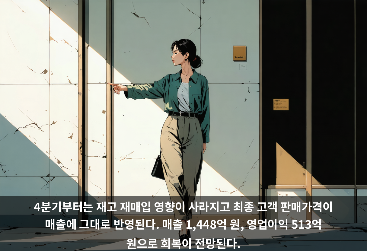 4분기부터는 재고 재매입 영향이 사라지고 최종 고객 판매가격이 매출에 그대로 반영된다. 매출 1,448억 원, 영업이익 513억 원으로 회복이 전망된다.