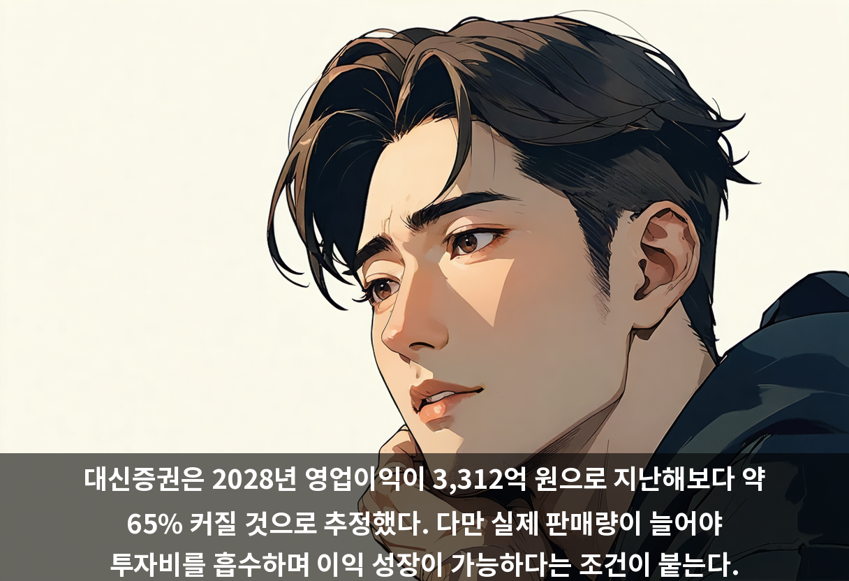 대신증권은 2028년 영업이익이 3,312억 원으로 지난해보다 약 65% 커질 것으로 추정했다. 다만 실제 판매량이 늘어야 투자비를 흡수하며 이익 성장이 가능하다는 조건이 붙는다.