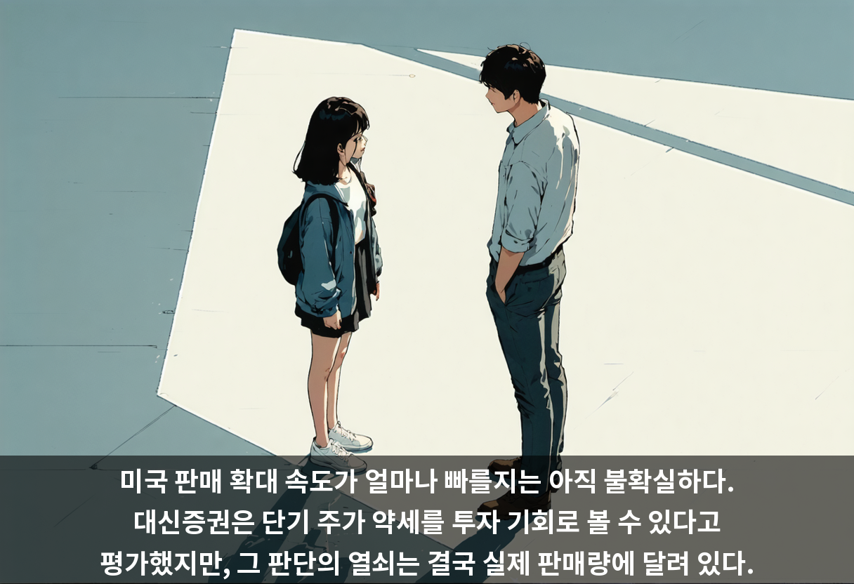 미국 판매 확대 속도가 얼마나 빠를지는 아직 불확실하다. 대신증권은 단기 주가 약세를 투자 기회로 볼 수 있다고 평가했지만, 그 판단의 열쇠는 결국 실제 판매량에 달려 있다.