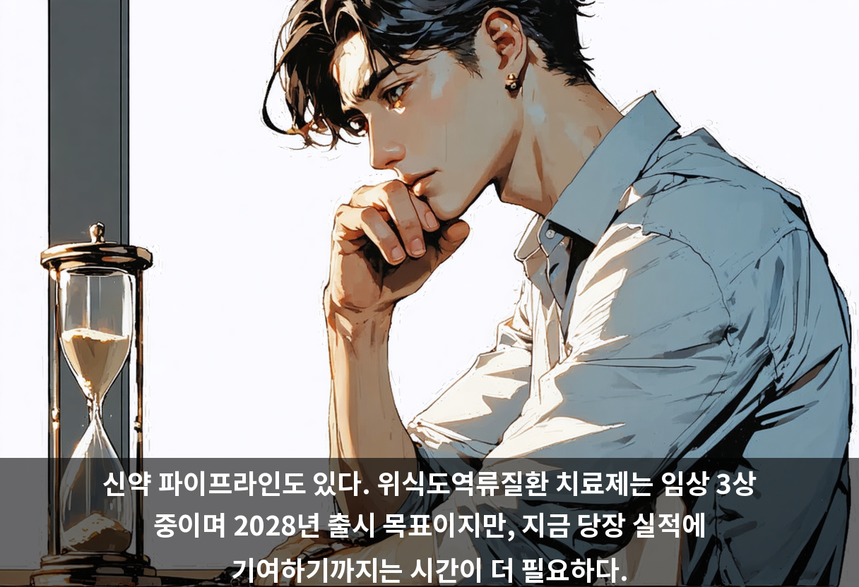 신약 파이프라인도 있다. 위식도역류질환 치료제는 임상 3상 중이며 2028년 출시 목표이지만, 지금 당장 실적에 기여하기까지는 시간이 더 필요하다.