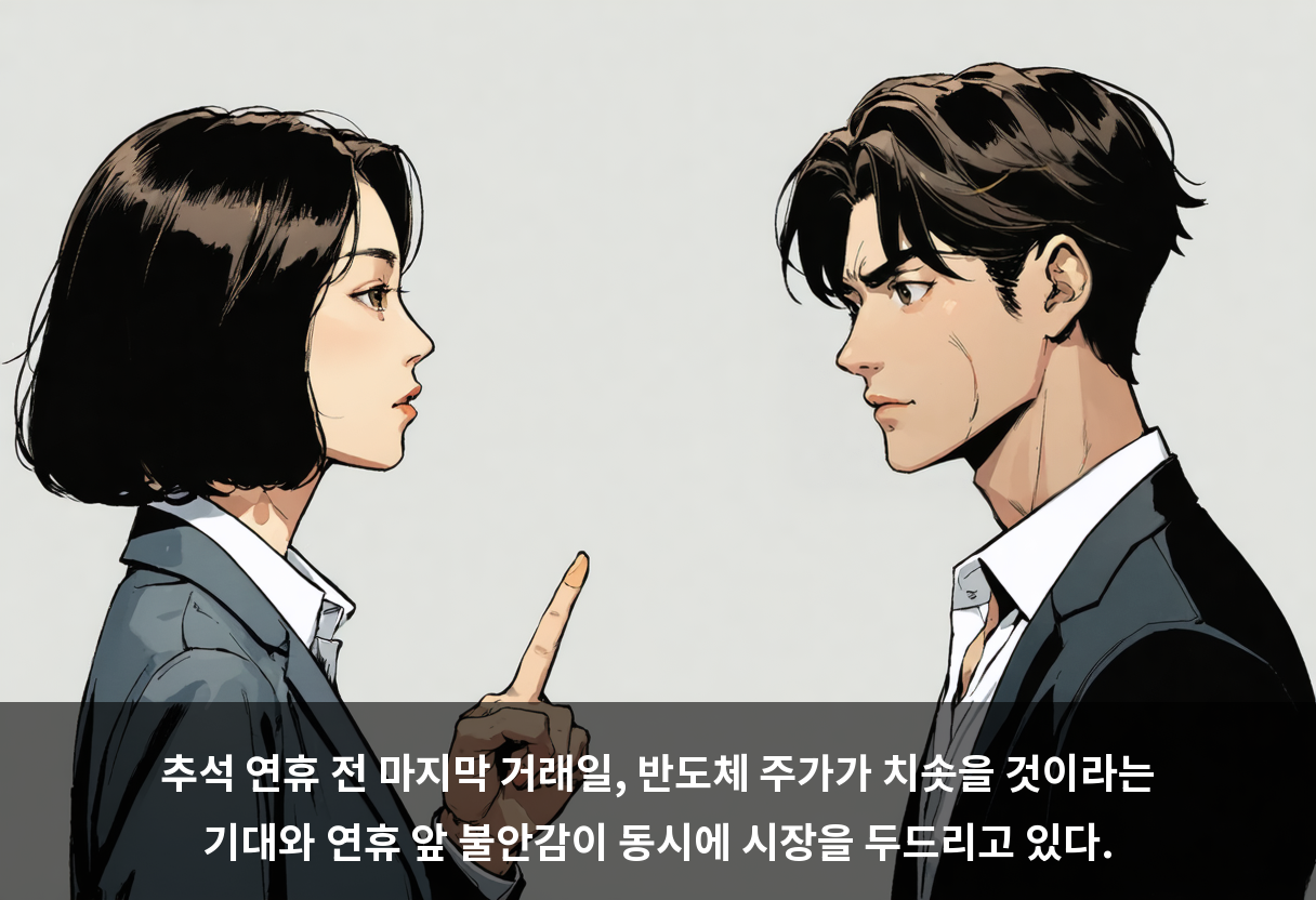 추석 연휴 전 마지막 거래일, 반도체 주가가 치솟을 것이라는 기대와 연휴 앞 불안감이 동시에 시장을 두드리고 있다.