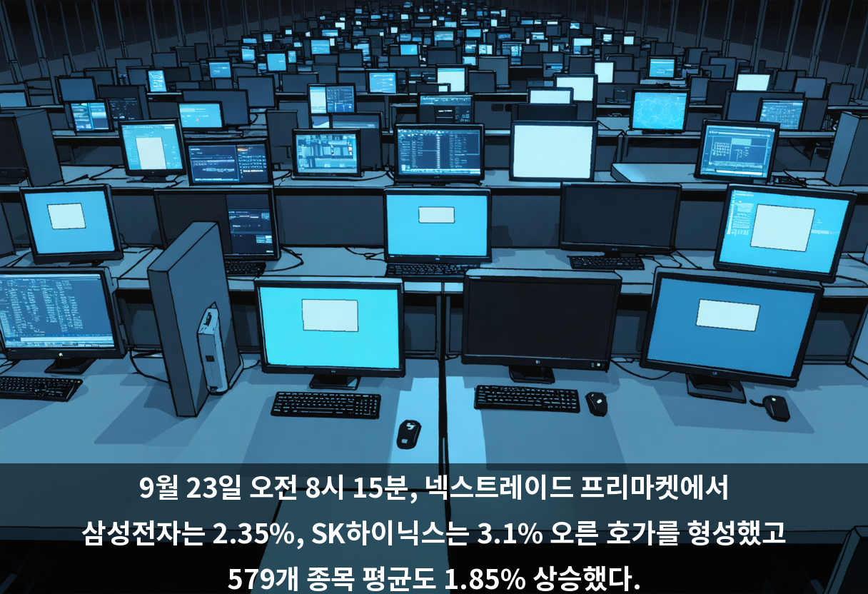 9월 23일 오전 8시 15분, 넥스트레이드 프리마켓에서 삼성전자는 2.35%, SK하이닉스는 3.1% 오른 호가를 형성했고 579개 종목 평균도 1.85% 상승했다.