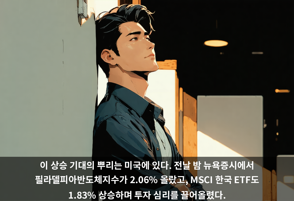 이 상승 기대의 뿌리는 미국에 있다. 전날 밤 뉴욕증시에서 필라델피아반도체지수가 2.06% 올랐고, MSCI 한국 ETF도 1.83% 상승하며 투자 심리를 끌어올렸다.