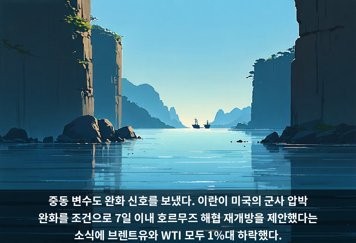 중동 변수도 완화 신호를 보냈다. 이란이 미국의 군사 압박 완화를 조건으로 7일 이내 호르무즈 해협 재개방을 제안했다는 소식에 브렌트유와 WTI 모두 1%대 하락했다.