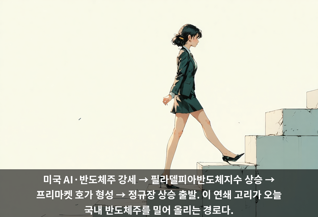 미국 AI·반도체주 강세 → 필라델피아반도체지수 상승 → 프리마켓 호가 형성 → 정규장 상승 출발. 이 연쇄 고리가 오늘 국내 반도체주를 밀어 올리는 경로다.