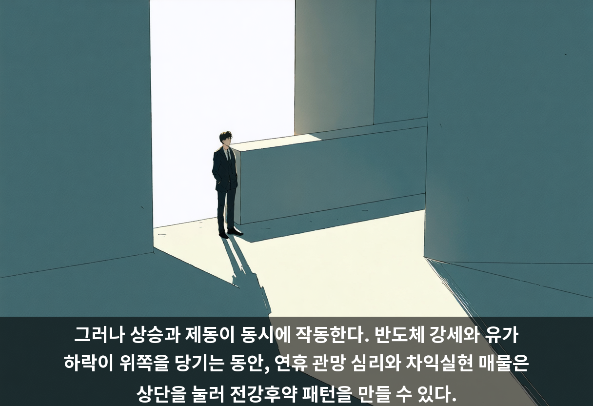 그러나 상승과 제동이 동시에 작동한다. 반도체 강세와 유가 하락이 위쪽을 당기는 동안, 연휴 관망 심리와 차익실현 매물은 상단을 눌러 전강후약 패턴을 만들 수 있다.