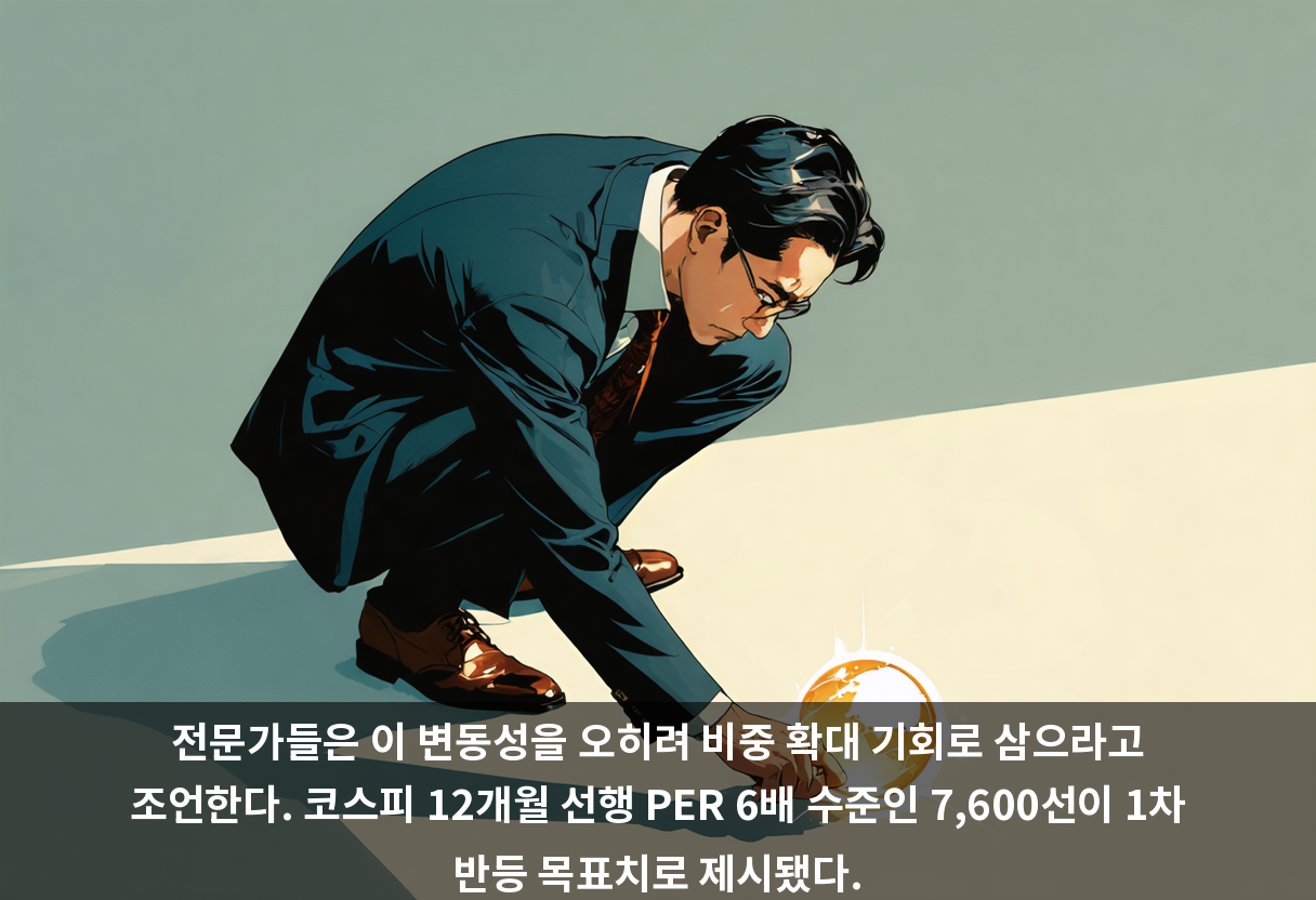 전문가들은 이 변동성을 오히려 비중 확대 기회로 삼으라고 조언한다. 코스피 12개월 선행 PER 6배 수준인 7,600선이 1차 반등 목표치로 제시됐다.