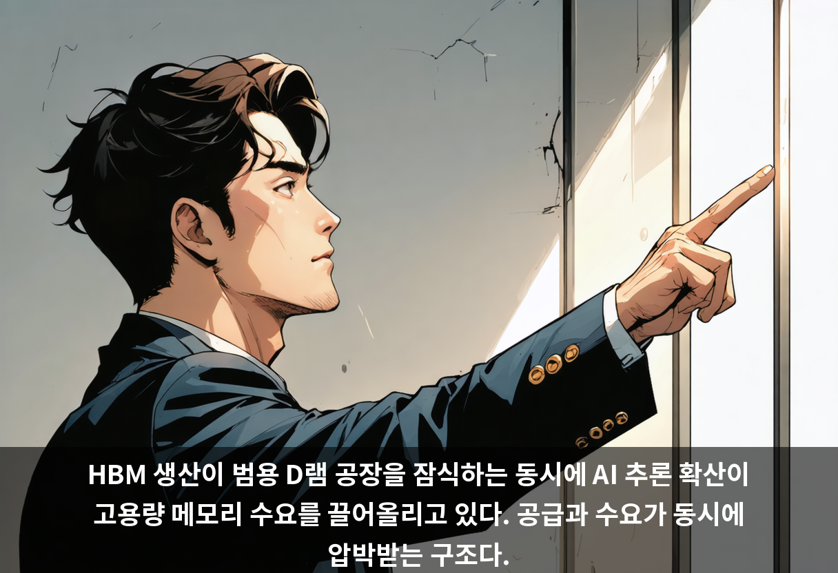 HBM 생산이 범용 D램 공장을 잠식하는 동시에 AI 추론 확산이 고용량 메모리 수요를 끌어올리고 있다. 공급과 수요가 동시에 압박받는 구조다.