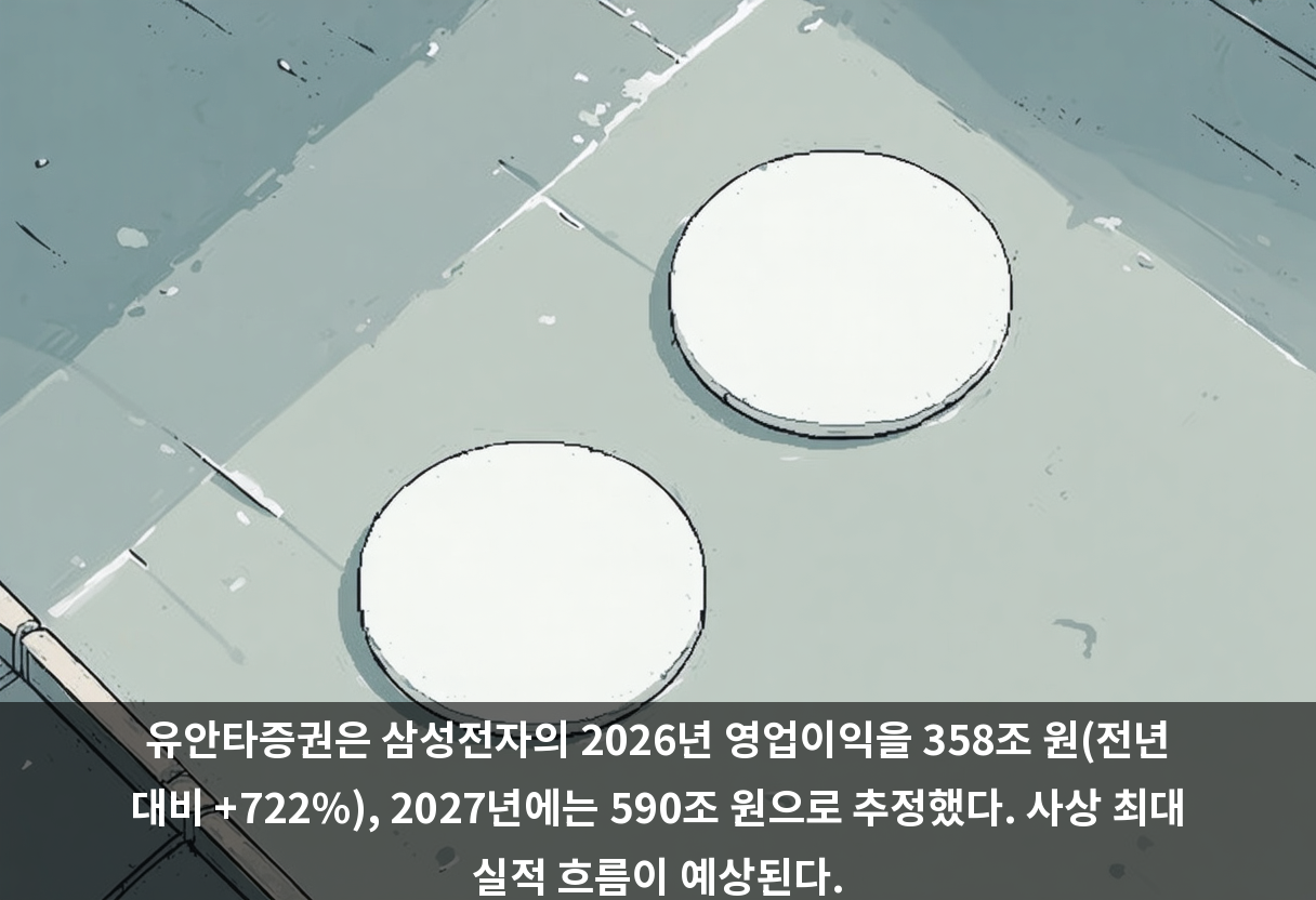 유안타증권은 삼성전자의 2026년 영업이익을 358조 원(전년 대비 +722%), 2027년에는 590조 원으로 추정했다. 사상 최대 실적 흐름이 예상된다.