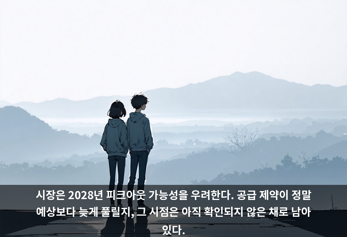 시장은 2028년 피크아웃 가능성을 우려한다. 공급 제약이 정말 예상보다 늦게 풀릴지, 그 시점은 아직 확인되지 않은 채로 남아 있다.