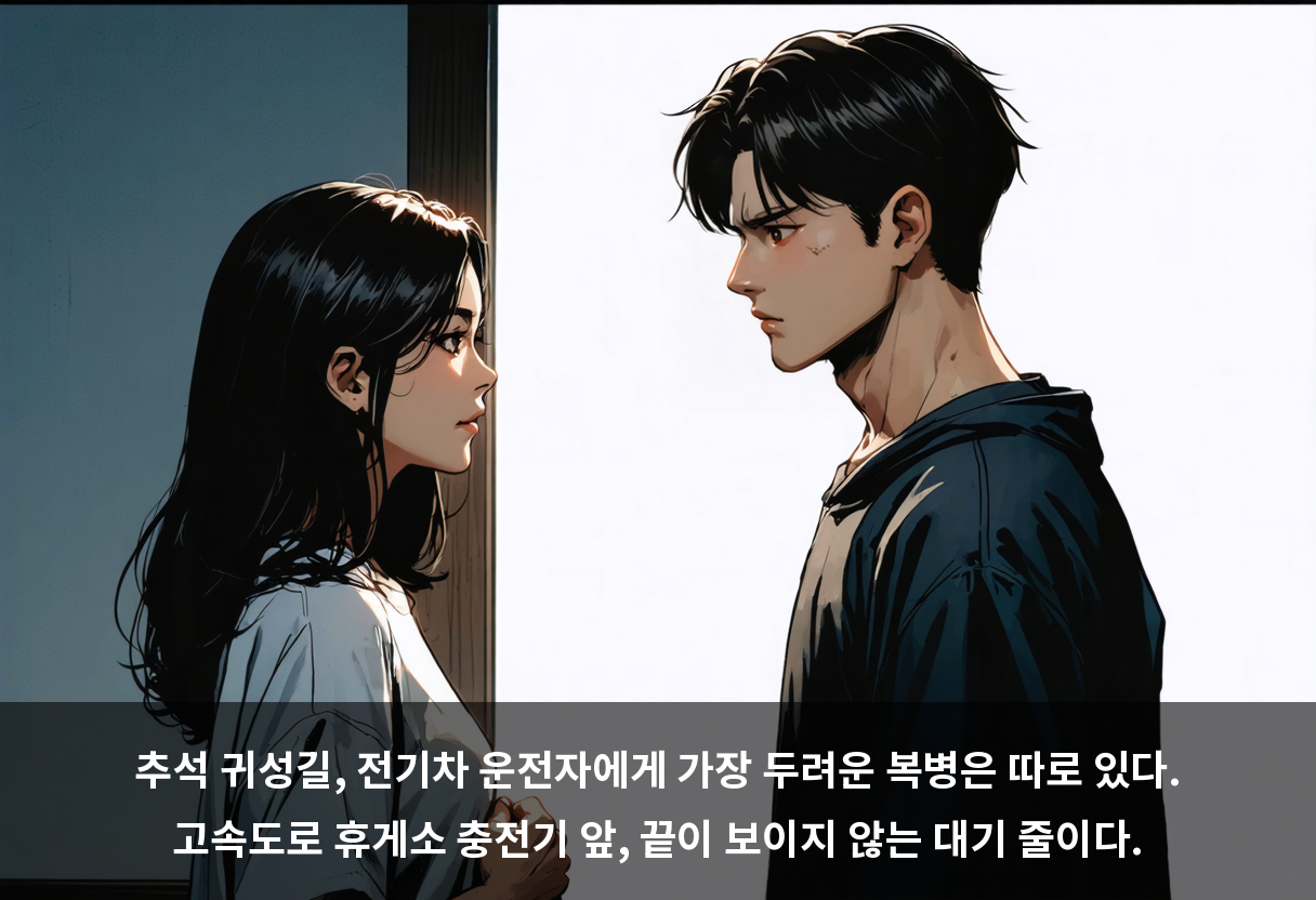 추석 귀성길, 전기차 운전자에게 가장 두려운 복병은 따로 있다. 고속도로 휴게소 충전기 앞, 끝이 보이지 않는 대기 줄이다.