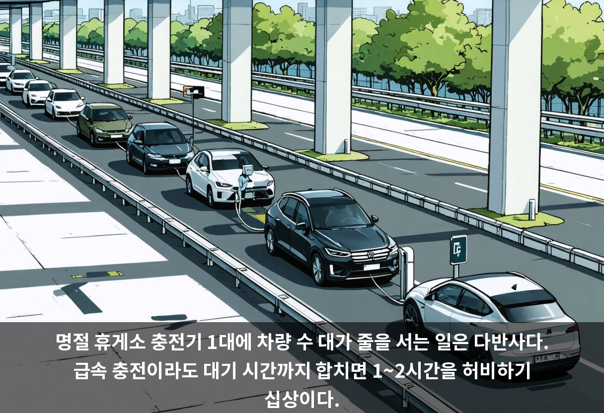 명절 휴게소 충전기 1대에 차량 수 대가 줄을 서는 일은 다반사다. 급속 충전이라도 대기 시간까지 합치면 1~2시간을 허비하기 십상이다.