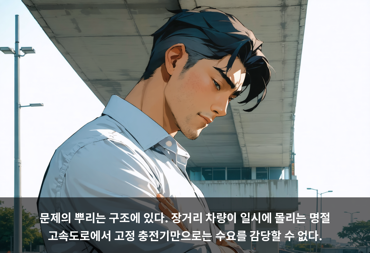 문제의 뿌리는 구조에 있다. 장거리 차량이 일시에 몰리는 명절 고속도로에서 고정 충전기만으로는 수요를 감당할 수 없다.