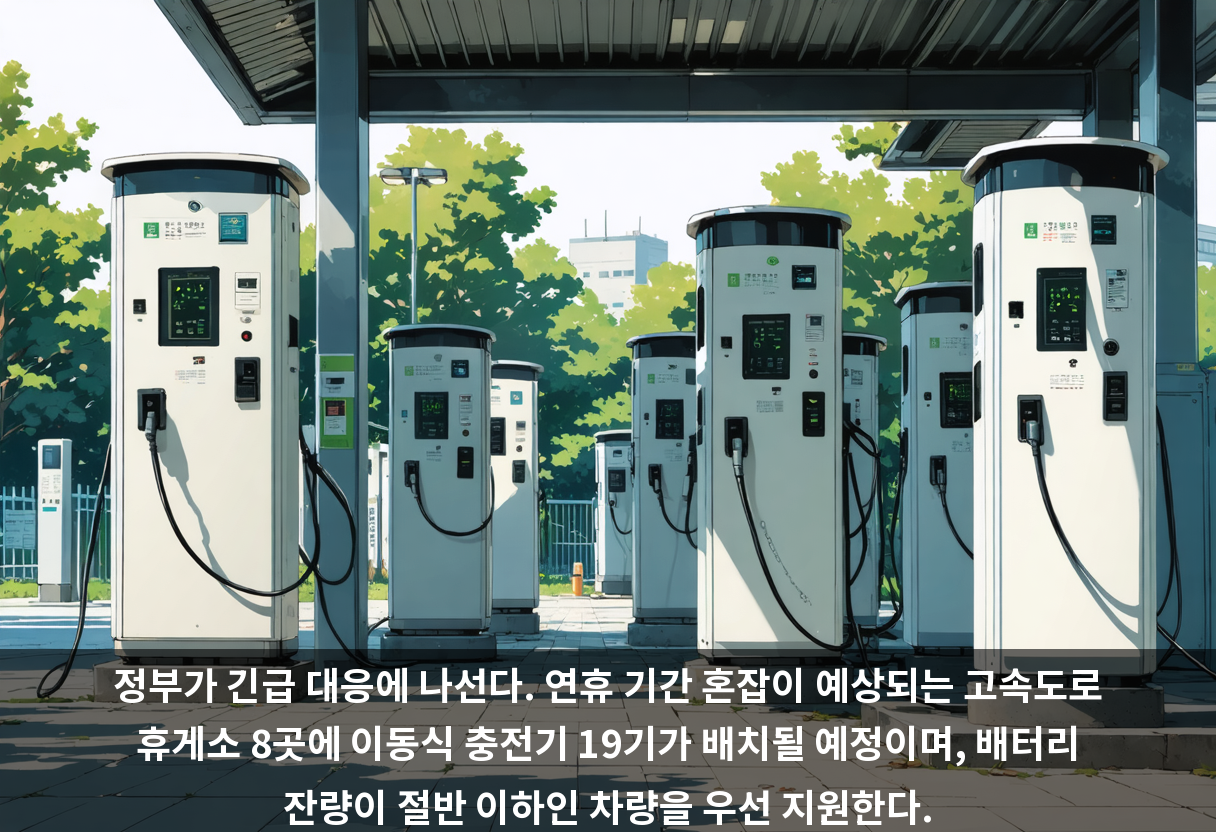 정부가 긴급 대응에 나선다. 연휴 기간 혼잡이 예상되는 고속도로 휴게소 8곳에 이동식 충전기 19기가 배치될 예정이며, 배터리 잔량이 절반 이하인 차량을 우선 지원한다.