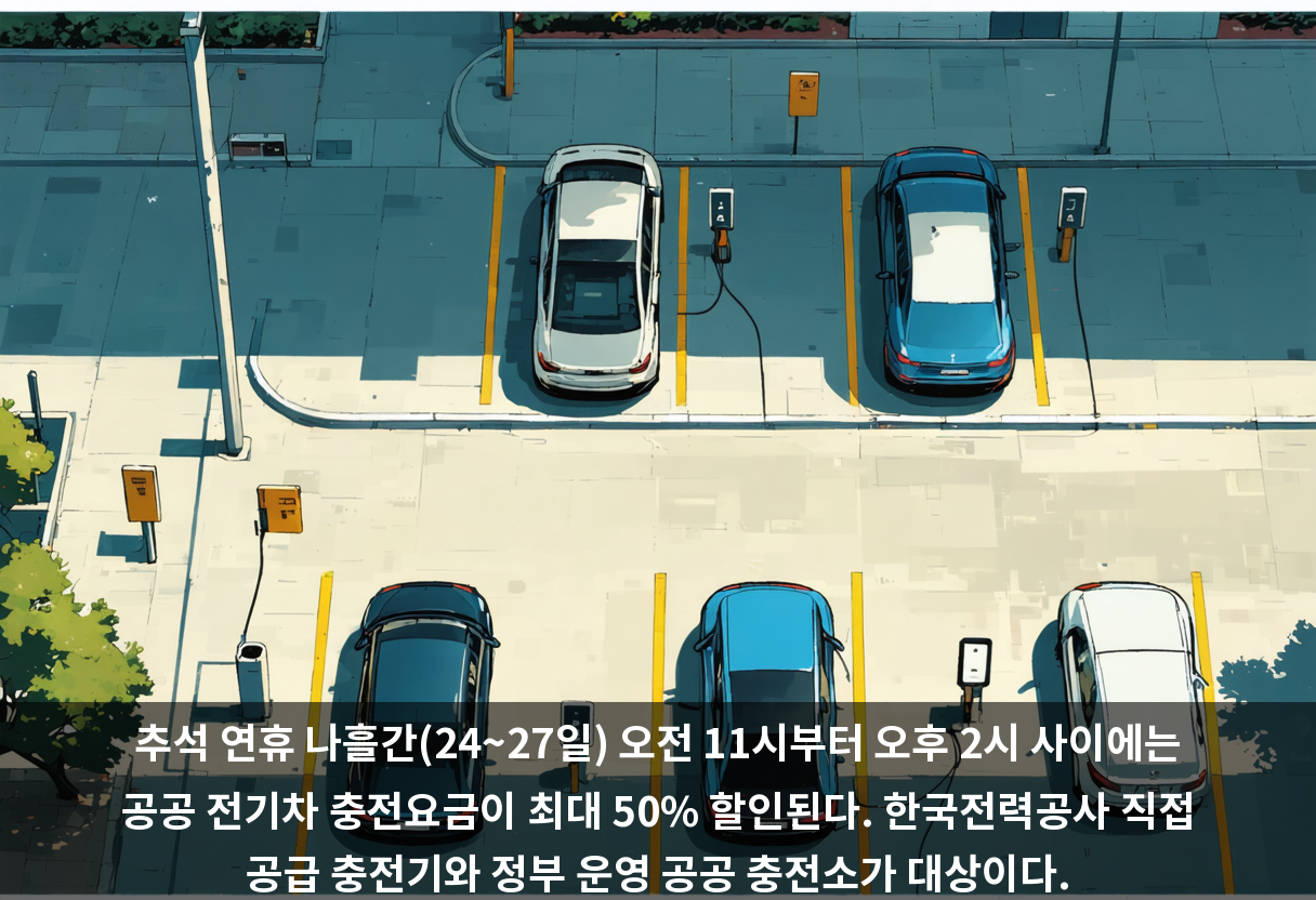 추석 연휴 나흘간(24~27일) 오전 11시부터 오후 2시 사이에는 공공 전기차 충전요금이 최대 50% 할인된다. 한국전력공사 직접 공급 충전기와 정부 운영 공공 충전소가 대상이다.