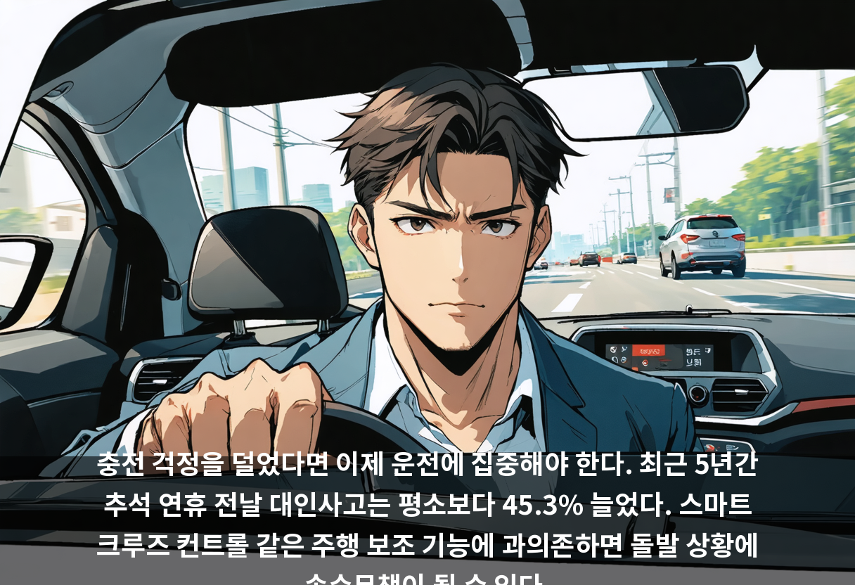 충전 걱정을 덜었다면 이제 운전에 집중해야 한다. 최근 5년간 추석 연휴 전날 대인사고는 평소보다 45.3% 늘었다. 스마트 크루즈 컨트롤 같은 주행 보조 기능에 과의존하면 돌발 상황에 속수무책이 될 수 있다.