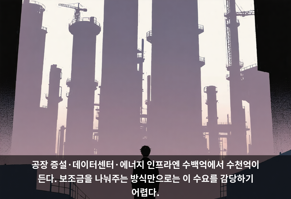 공장 증설·데이터센터·에너지 인프라엔 수백억에서 수천억이 든다. 보조금을 나눠주는 방식만으로는 이 수요를 감당하기 어렵다.