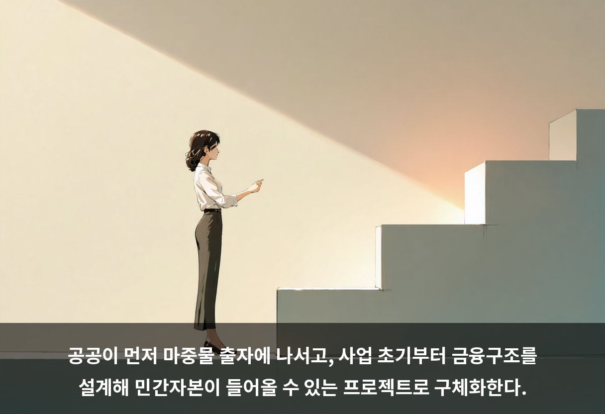 공공이 먼저 마중물 출자에 나서고, 사업 초기부터 금융구조를 설계해 민간자본이 들어올 수 있는 프로젝트로 구체화한다.