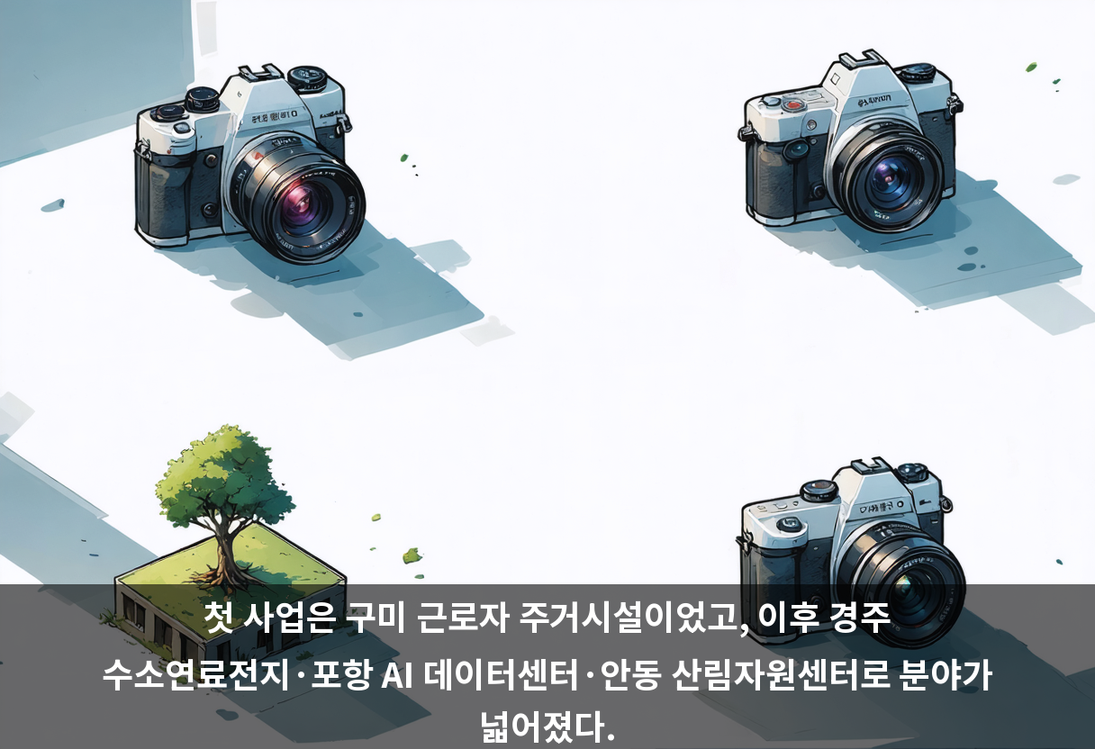 첫 사업은 구미 근로자 주거시설이었고, 이후 경주 수소연료전지·포항 AI 데이터센터·안동 산림자원센터로 분야가 넓어졌다.