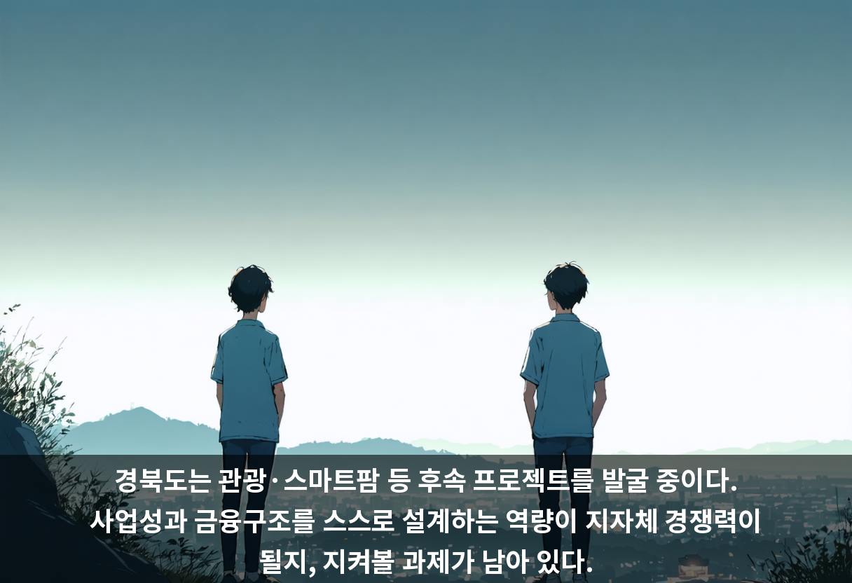 경북도는 관광·스마트팜 등 후속 프로젝트를 발굴 중이다. 사업성과 금융구조를 스스로 설계하는 역량이 지자체 경쟁력이 될지, 지켜볼 과제가 남아 있다.