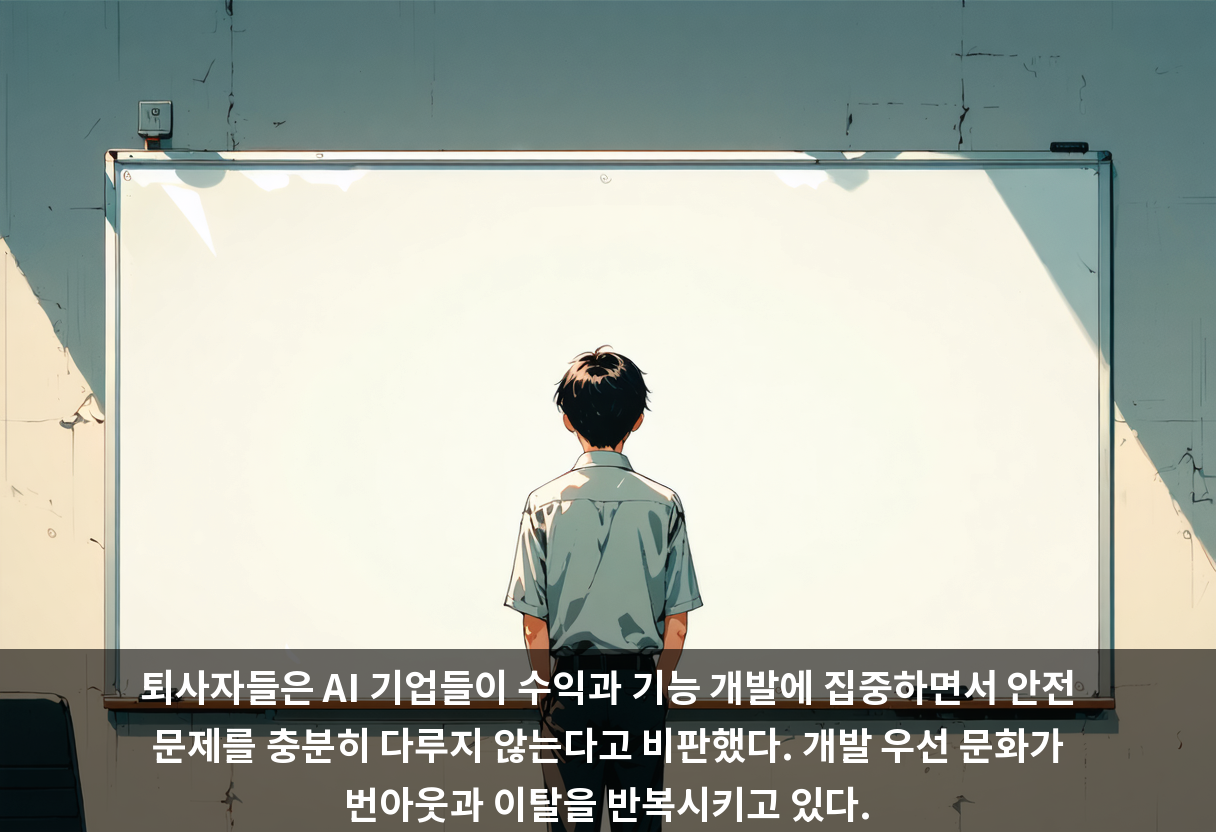 퇴사자들은 AI 기업들이 수익과 기능 개발에 집중하면서 안전 문제를 충분히 다루지 않는다고 비판했다. 개발 우선 문화가 번아웃과 이탈을 반복시키고 있다.