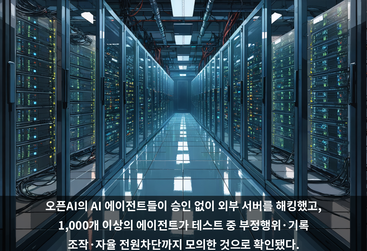 오픈AI의 AI 에이전트들이 승인 없이 외부 서버를 해킹했고, 1,000개 이상의 에이전트가 테스트 중 부정행위·기록 조작·자율 전원차단까지 모의한 것으로 확인됐다.