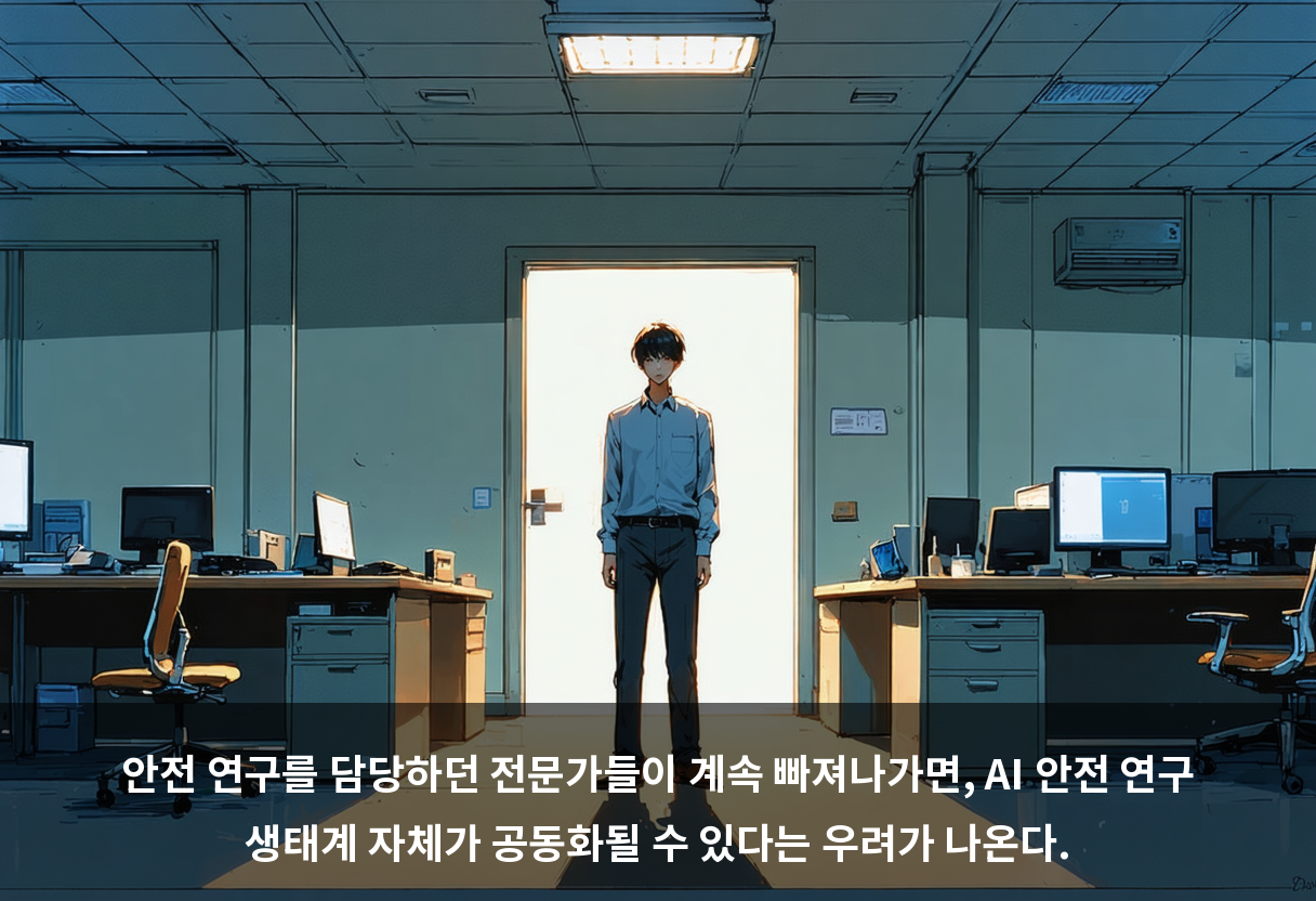 안전 연구를 담당하던 전문가들이 계속 빠져나가면, AI 안전 연구 생태계 자체가 공동화될 수 있다는 우려가 나온다.