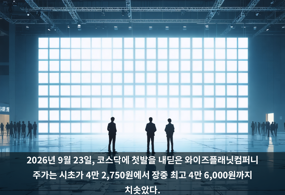 2026년 9월 23일, 코스닥에 첫발을 내딛은 와이즈플래닛컴퍼니 주가는 시초가 4만 2,750원에서 장중 최고 4만 6,000원까지 치솟았다.