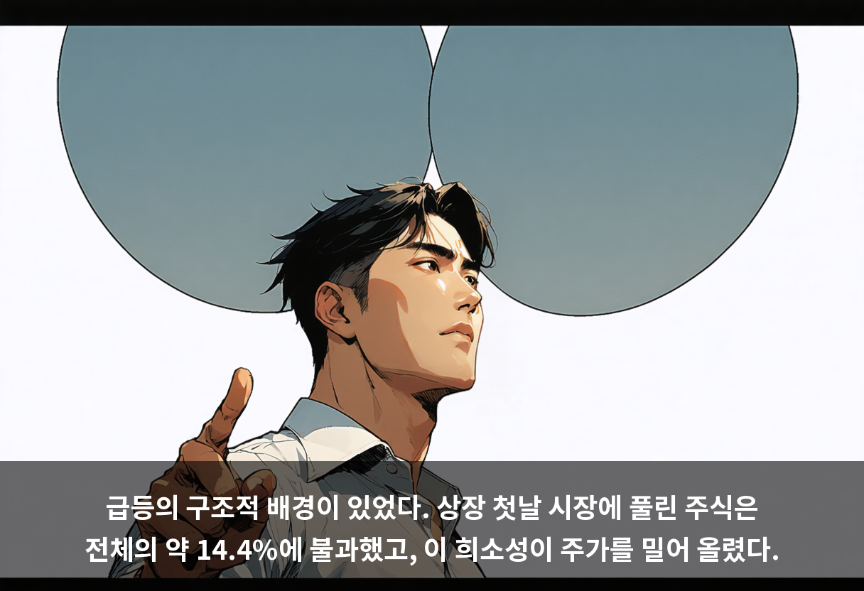 급등의 구조적 배경이 있었다. 상장 첫날 시장에 풀린 주식은 전체의 약 14.4%에 불과했고, 이 희소성이 주가를 밀어 올렸다.