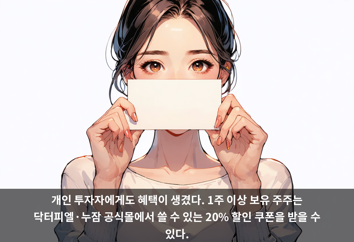 개인 투자자에게도 혜택이 생겼다. 1주 이상 보유 주주는 닥터피엘·누잠 공식몰에서 쓸 수 있는 20% 할인 쿠폰을 받을 수 있다.