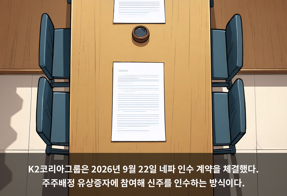 K2코리아그룹은 2026년 9월 22일 네파 인수 계약을 체결했다. 주주배정 유상증자에 참여해 신주를 인수하는 방식이다.