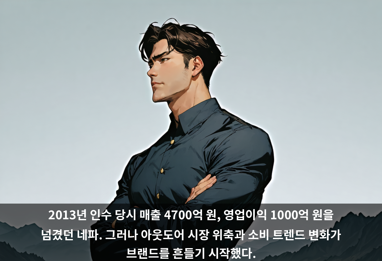 2013년 인수 당시 매출 4700억 원, 영업이익 1000억 원을 넘겼던 네파. 그러나 아웃도어 시장 위축과 소비 트렌드 변화가 브랜드를 흔들기 시작했다.