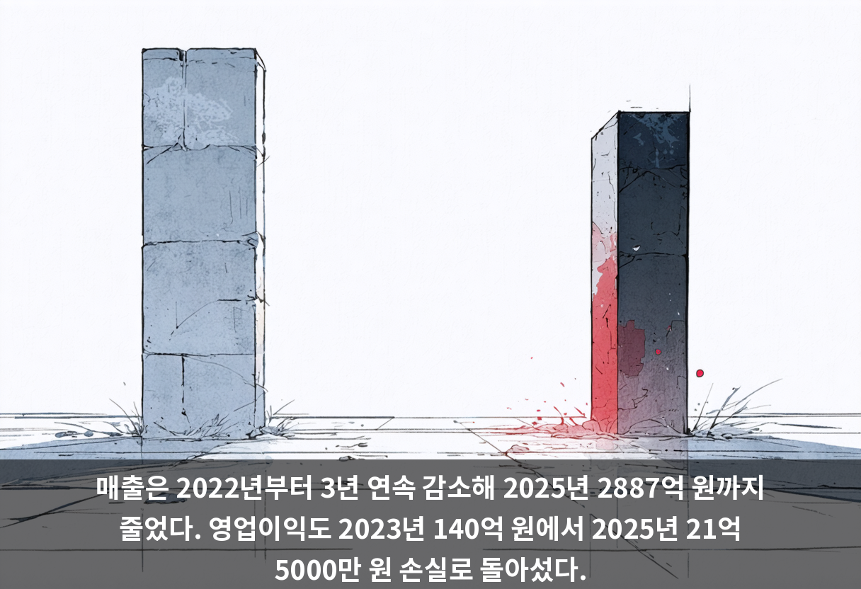 매출은 2022년부터 3년 연속 감소해 2025년 2887억 원까지 줄었다. 영업이익도 2023년 140억 원에서 2025년 21억 5000만 원 손실로 돌아섰다.