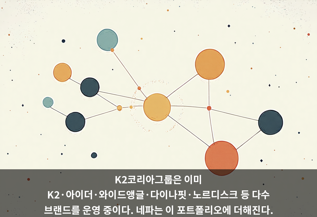 K2코리아그룹은 이미 K2·아이더·와이드앵글·다이나핏·노르디스크 등 다수 브랜드를 운영 중이다. 네파는 이 포트폴리오에 더해진다.
