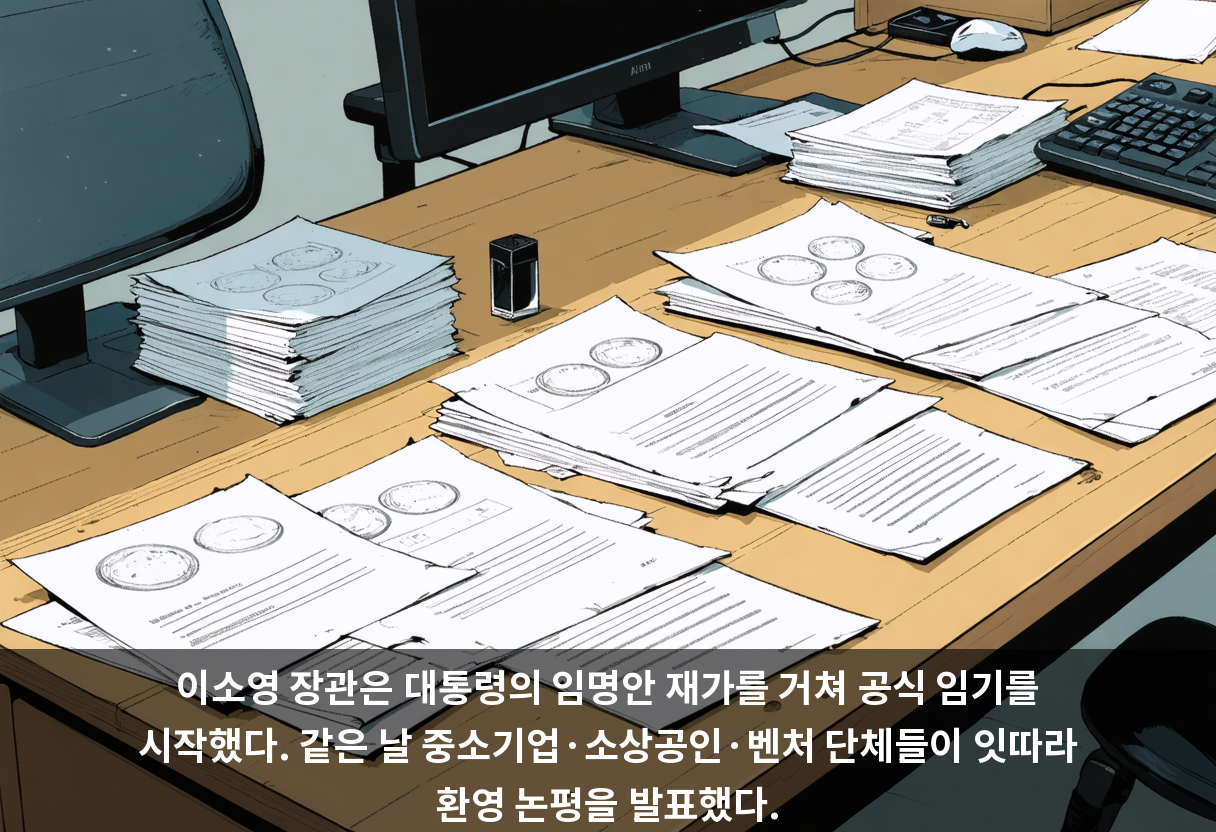 이소영 장관은 대통령의 임명안 재가를 거쳐 공식 임기를 시작했다. 같은 날 중소기업·소상공인·벤처 단체들이 잇따라 환영 논평을 발표했다.