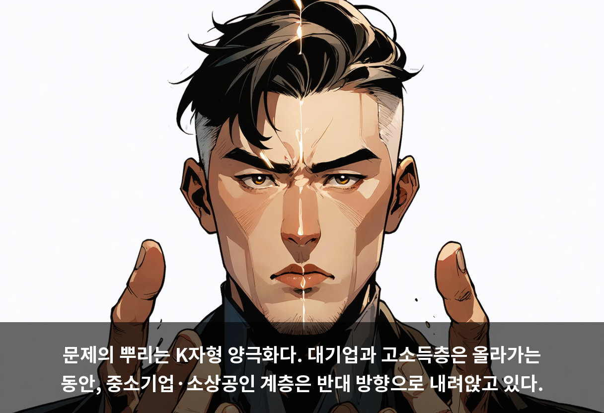 문제의 뿌리는 K자형 양극화다. 대기업과 고소득층은 올라가는 동안, 중소기업·소상공인 계층은 반대 방향으로 내려앉고 있다.