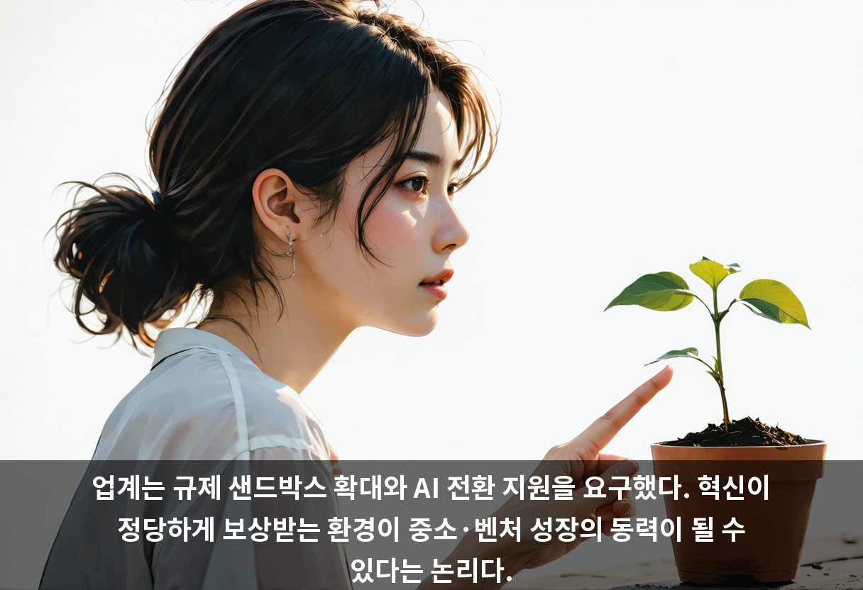 업계는 규제 샌드박스 확대와 AI 전환 지원을 요구했다. 혁신이 정당하게 보상받는 환경이 중소·벤처 성장의 동력이 될 수 있다는 논리다.