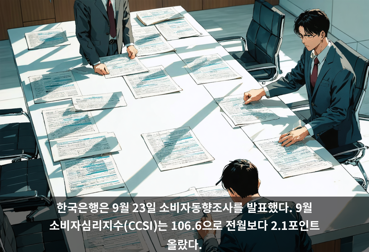 한국은행은 9월 23일 소비자동향조사를 발표했다. 9월 소비자심리지수(CCSI)는 106.6으로 전월보다 2.1포인트 올랐다.