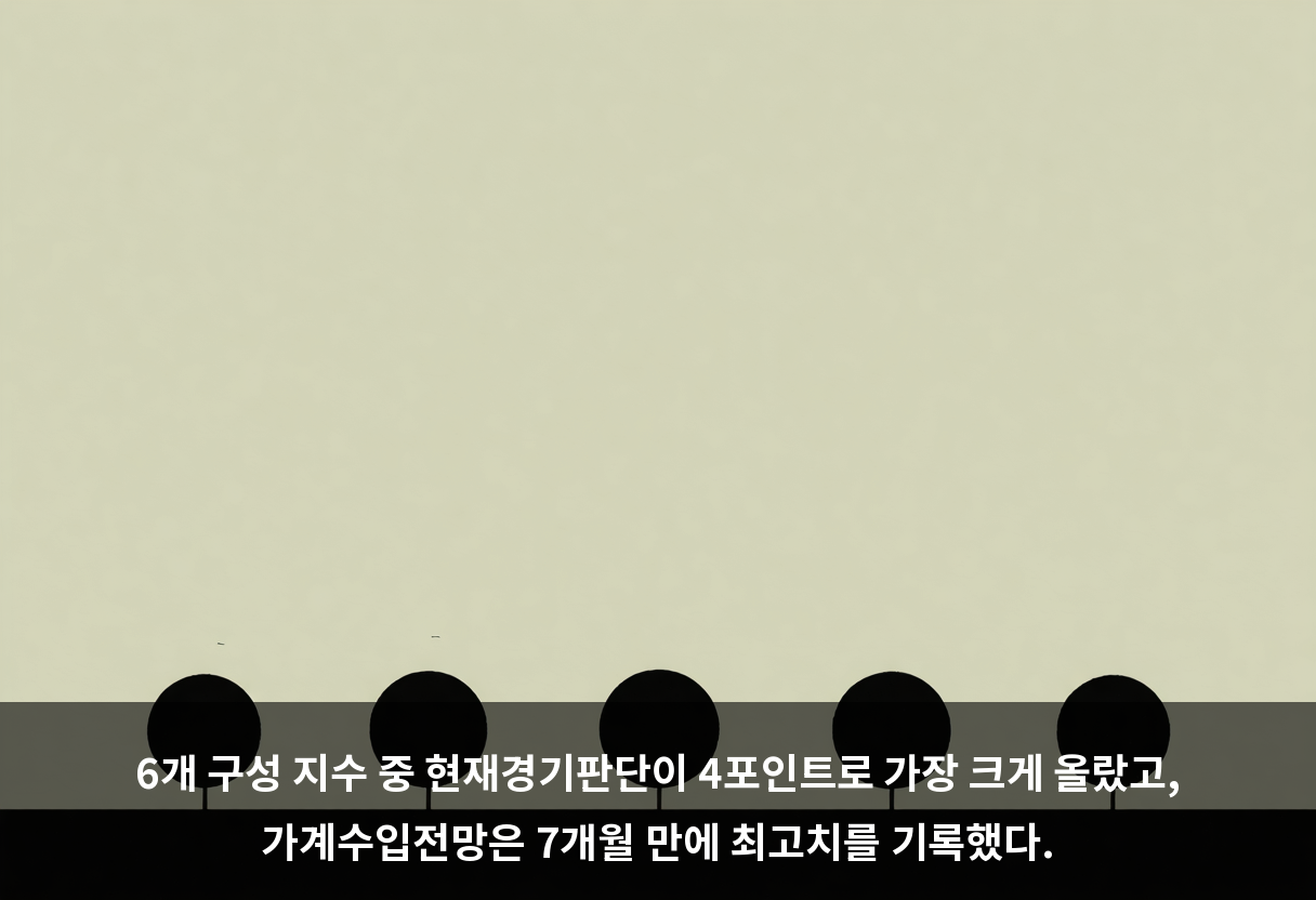 6개 구성 지수 중 현재경기판단이 4포인트로 가장 크게 올랐고, 가계수입전망은 7개월 만에 최고치를 기록했다.