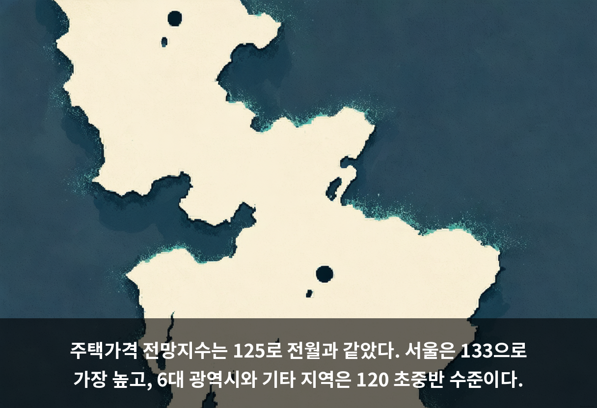 주택가격 전망지수는 125로 전월과 같았다. 서울은 133으로 가장 높고, 6대 광역시와 기타 지역은 120 초중반 수준이다.