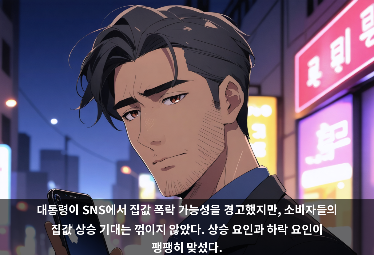 대통령이 SNS에서 집값 폭락 가능성을 경고했지만, 소비자들의 집값 상승 기대는 꺾이지 않았다. 상승 요인과 하락 요인이 팽팽히 맞섰다.