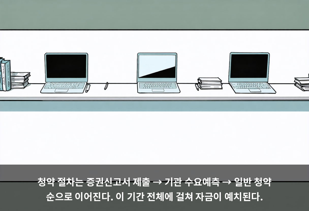 청약 절차는 증권신고서 제출 → 기관 수요예측 → 일반 청약 순으로 이어진다. 이 기간 전체에 걸쳐 자금이 예치된다.