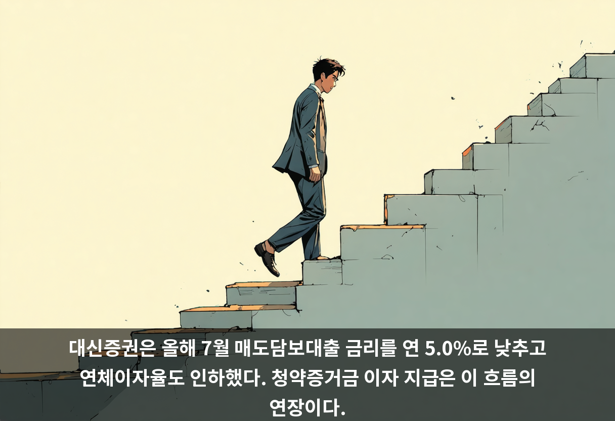 대신증권은 올해 7월 매도담보대출 금리를 연 5.0%로 낮추고 연체이자율도 인하했다. 청약증거금 이자 지급은 이 흐름의 연장이다.