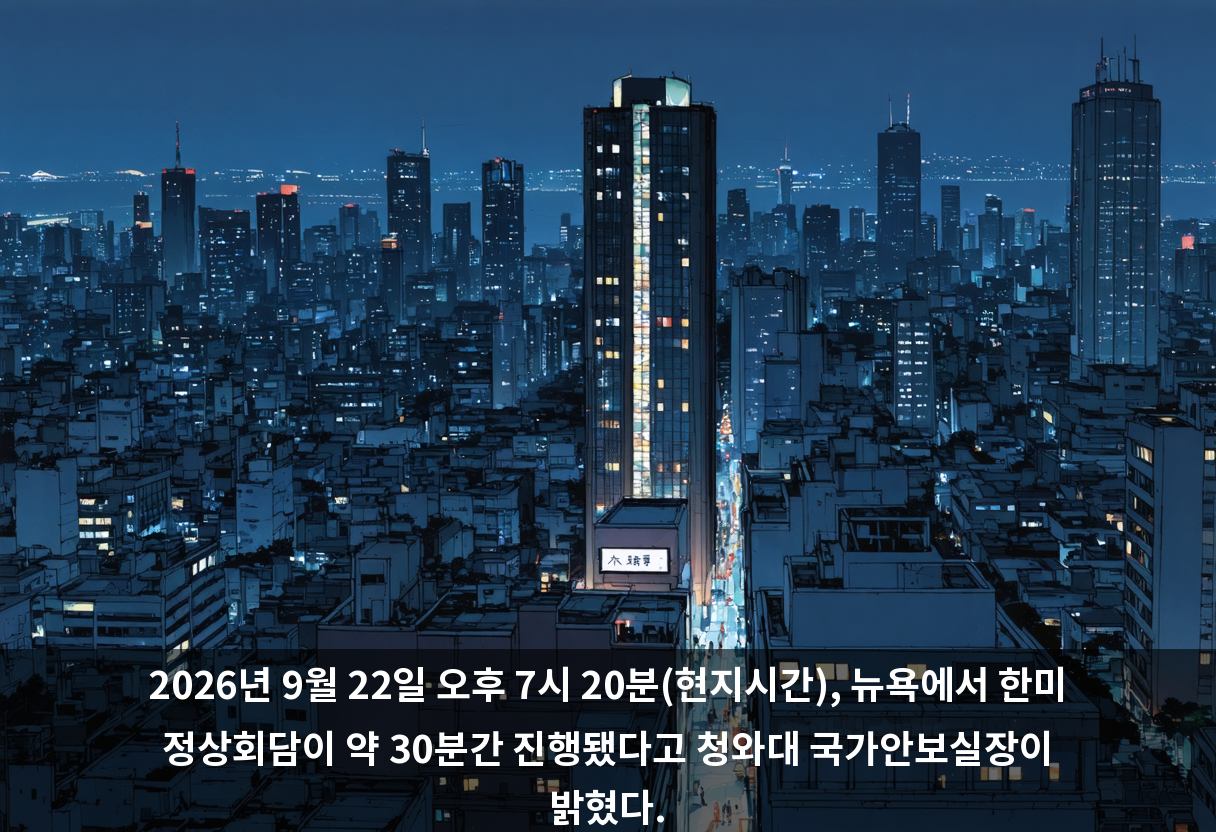 2026년 9월 22일 오후 7시 20분(현지시간), 뉴욕에서 한미 정상회담이 약 30분간 진행됐다고 청와대 국가안보실장이 밝혔다.