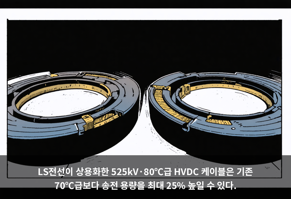 LS전선이 상용화한 525kV·80℃급 HVDC 케이블은 기존 70℃급보다 송전 용량을 최대 25% 높일 수 있다.