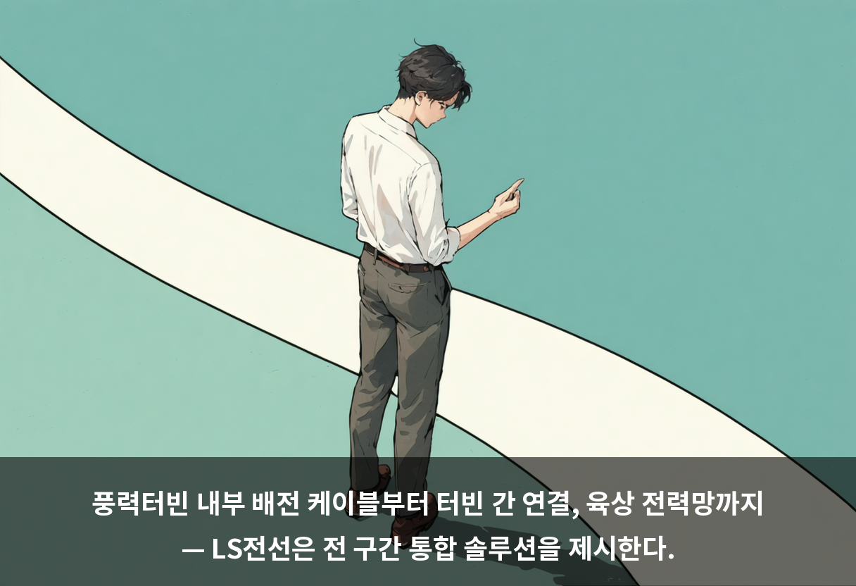 풍력터빈 내부 배전 케이블부터 터빈 간 연결, 육상 전력망까지 — LS전선은 전 구간 통합 솔루션을 제시한다.