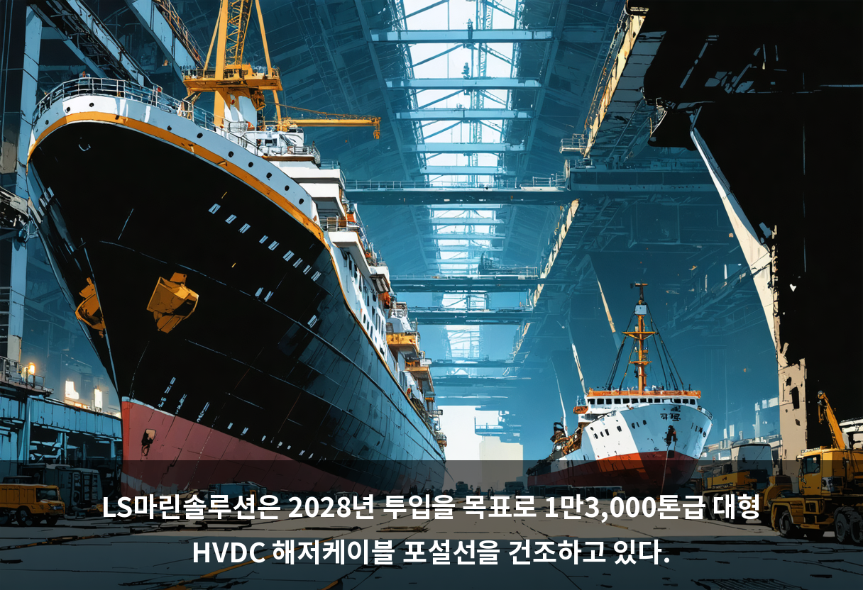 LS마린솔루션은 2028년 투입을 목표로 1만3,000톤급 대형 HVDC 해저케이블 포설선을 건조하고 있다.