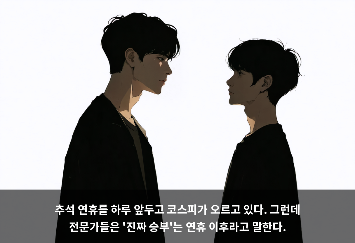추석 연휴를 하루 앞두고 코스피가 오르고 있다. 그런데 전문가들은 '진짜 승부'는 연휴 이후라고 말한다.